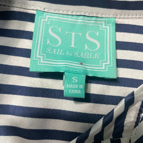 Sail to Sable STS striped silk top S small navy blue gold button long sleeve - Picture 3 of 10